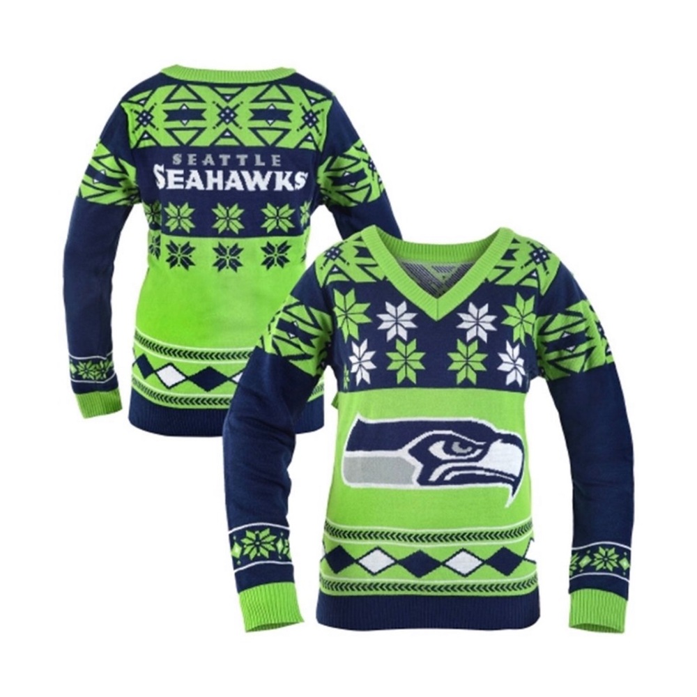 Seattle Seahawks Women’s Ugly Christmas V-Neck Sweater